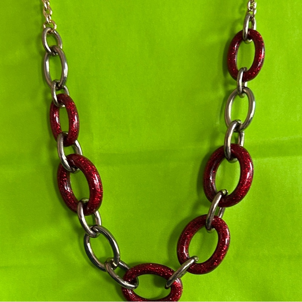 LOFT Red and Gold Link Necklace - Mixed Metal Chain with Enamel Links